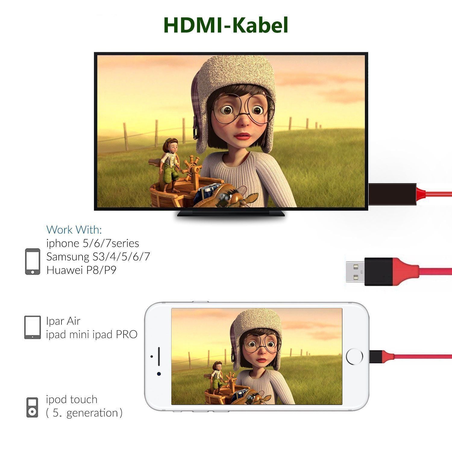 HDMI Kabel, 1080P, Transmit Audio und Video Heimkino für iOS und Android
